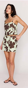Mint Chocolate Cotton Beaded Cami Top in chocolate floral print with adjustable tie straps, perfect style for summer.