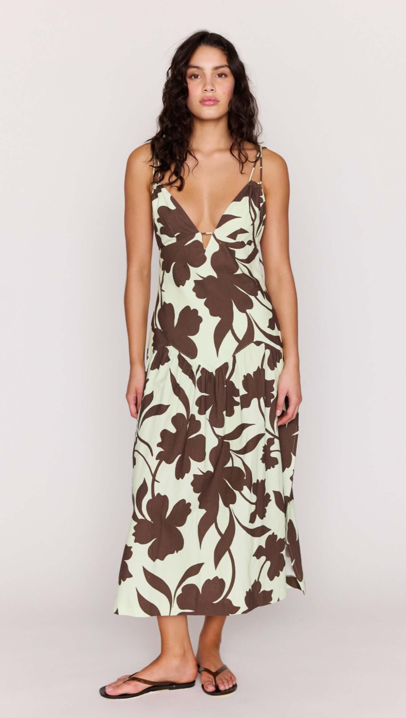 minkpink floral midi dress Mint Chocolate Cotton Floral Deep V Midi Dress XXL / Chocolate Floral