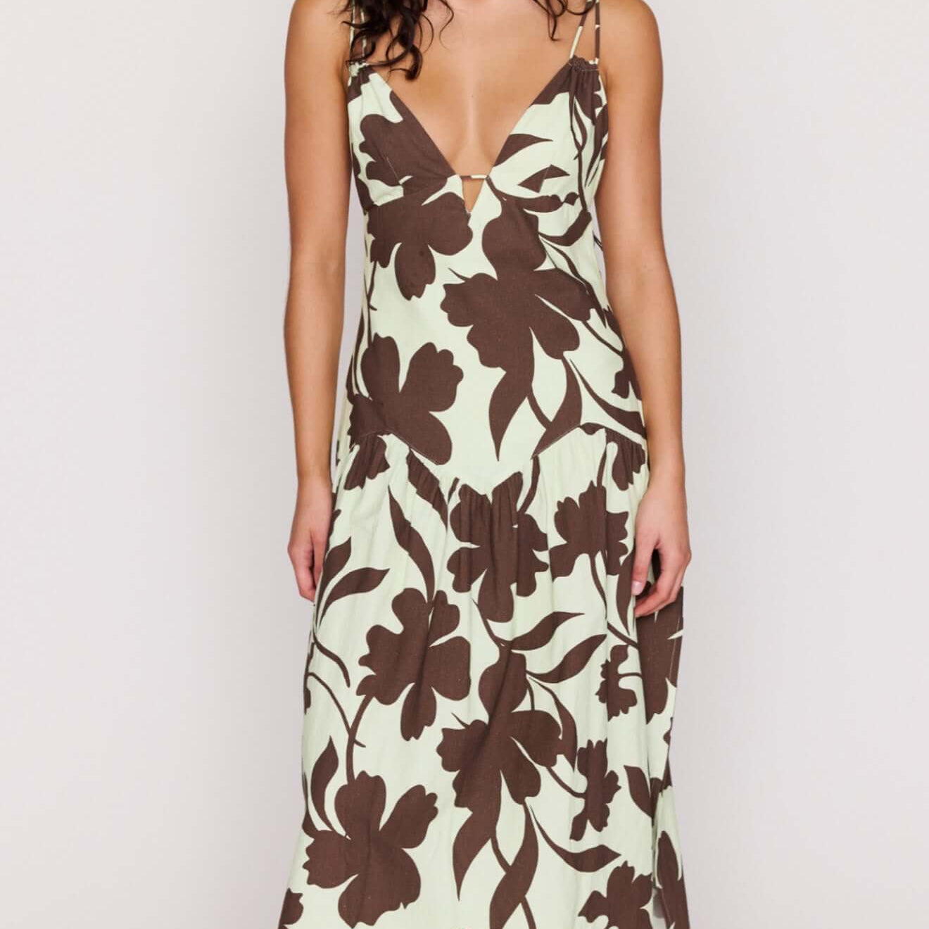 Mint Chocolate Cotton Floral Deep V Midi Dress on model showing floral print and flowing midi skirt.
