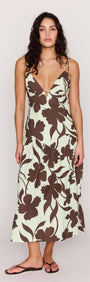 Mint Chocolate Cotton Floral Deep V Midi Dress on model showing floral print and flowing midi skirt.