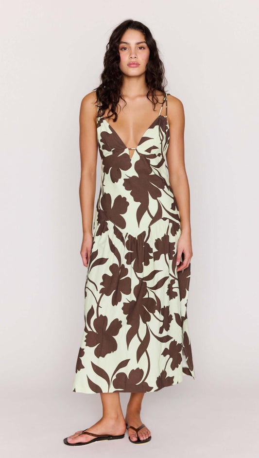 Mint Chocolate Cotton Floral Deep V Midi Dress on model showing floral print and flowing midi skirt.