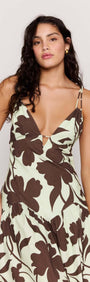 Mint Chocolate Cotton Floral Deep V Midi Dress worn by a model, showcasing its bold chocolate floral print and plunging neckline.