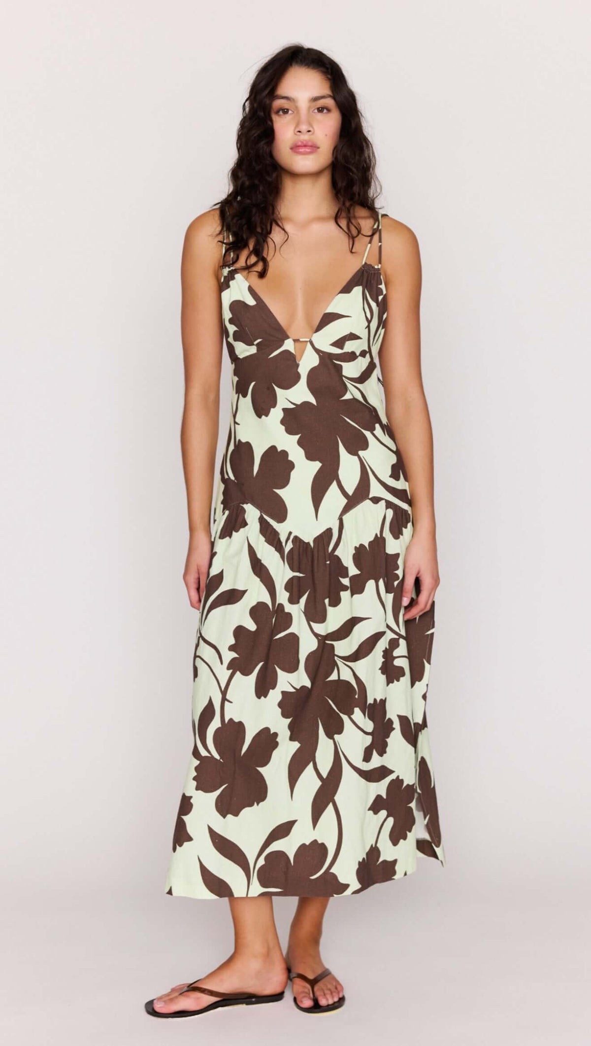 Mint Chocolate Cotton Floral Deep V Midi Dress on model showing floral print and flowing midi skirt.