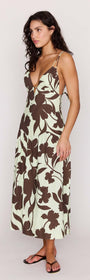 Model wearing Mint Chocolate Cotton Floral Deep V Midi Dress in chocolate floral print with flowing skirt.