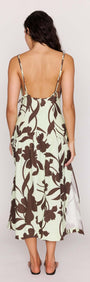 Back view of a model wearing the Mint Chocolate Cotton Floral Deep V Midi Dress with a flowing skirt and slender straps.