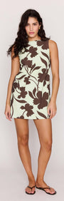 Mint Chocolate Cotton Floral Low Back Shift Dress on a model showcasing its modern floral design.