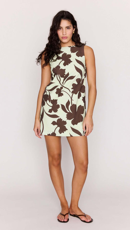 Mint Chocolate Cotton Floral Low Back Shift Dress on a model showcasing its modern floral design.