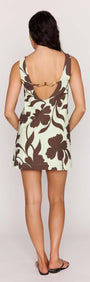 Mint Chocolate Cotton Floral Low Back Shift Dress, showcasing a sleeveless design with a striking low back and floral print.