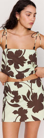 Mint Chocolate Cotton Floral Mini Skirt paired with matching crop top featuring chocolate floral print.