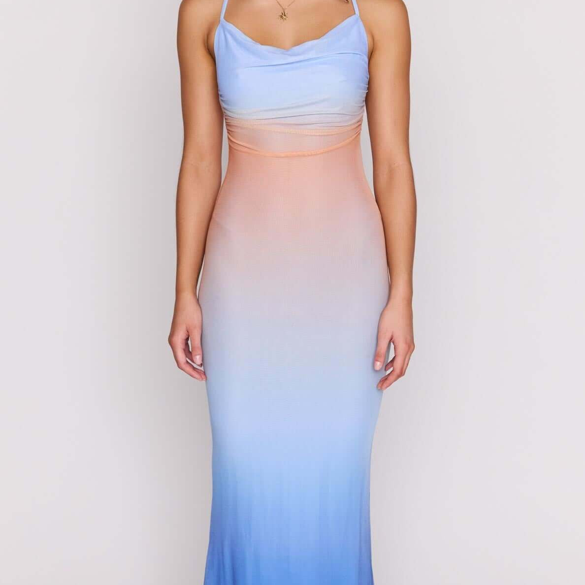 Ombre Cowl Neck Mesh Maxi Dress with a stunning blue to peach gradient design, perfect for summer events.