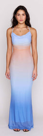 Ombre Cowl Neck Mesh Maxi Dress with a stunning blue to peach gradient design, perfect for summer events.