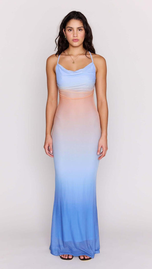 Ombre Cowl Neck Mesh Maxi Dress with a stunning blue to peach gradient design, perfect for summer events.