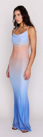 Ombre Cowl Neck Mesh Maxi Dress with a stunning blue and peach ombre effect, perfect for summer events.