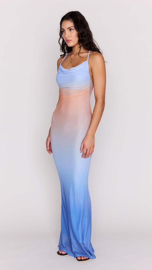 Ombre Cowl Neck Mesh Maxi Dress with a stunning blue and peach ombre effect, perfect for summer events.