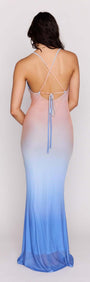 Ombre Cowl Neck Mesh Maxi Dress featuring a stunning ombre gradient and strappy back design.