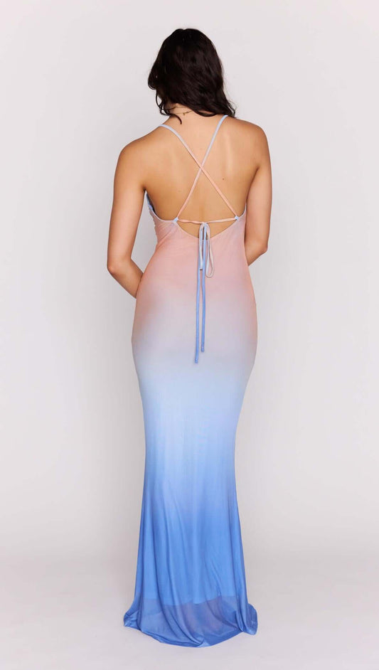 Ombre Cowl Neck Mesh Maxi Dress featuring a stunning ombre gradient and strappy back design.