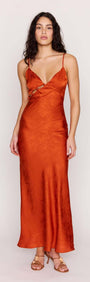 Orange Bead Detailed Satin Bias Midi Dress worn by model, showcasing luxe jacquard satin and delicate bead detailing.