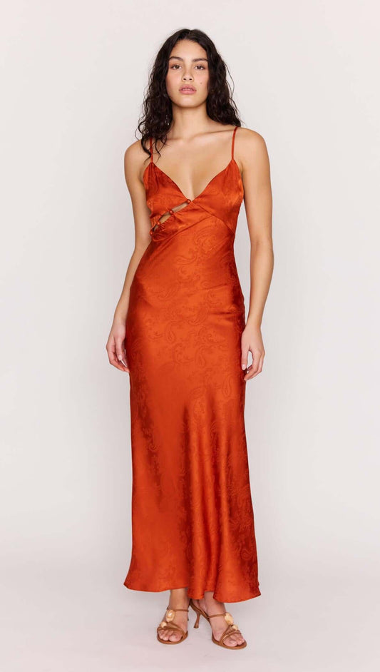Orange Bead Detailed Satin Bias Midi Dress worn by model, showcasing luxe jacquard satin and delicate bead detailing.