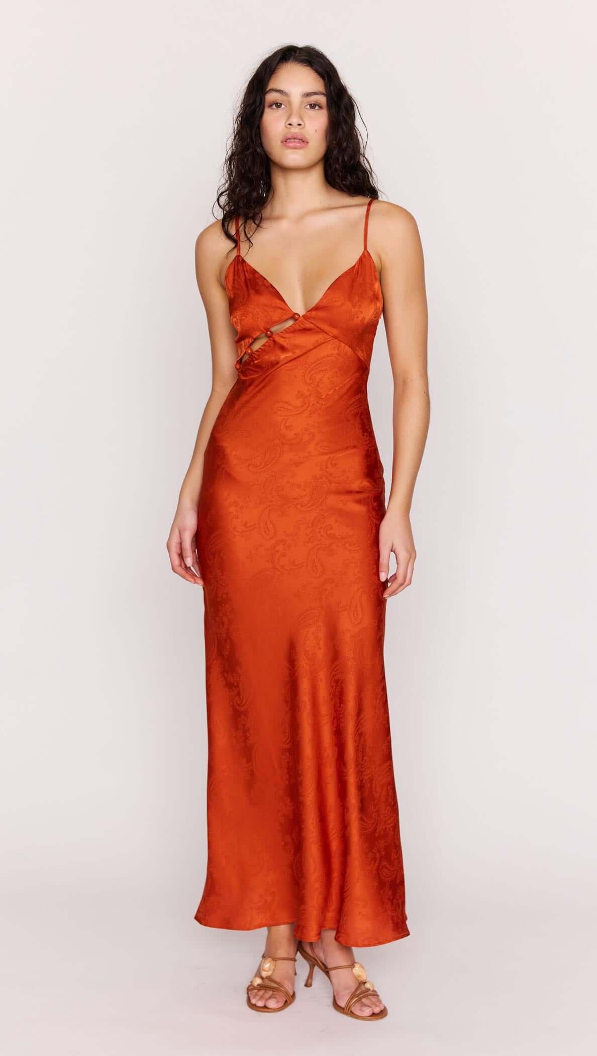 Orange Bead Detailed Satin Bias Midi Dress worn by model, showcasing luxe jacquard satin and delicate bead detailing.