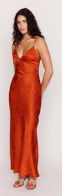 Orange Bead Detailed Satin Bias Midi Dress in a sleek silhouette with V-neckline and bead detailing.