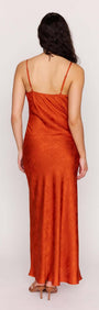 Back view of the Orange Bead Detailed Satin Bias Midi Dress showcasing its sleek satin design and adjustable straps.