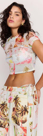 Model wearing a Palm Print Cropped Mesh Tee with vintage postcard print, showcasing a fitted look.