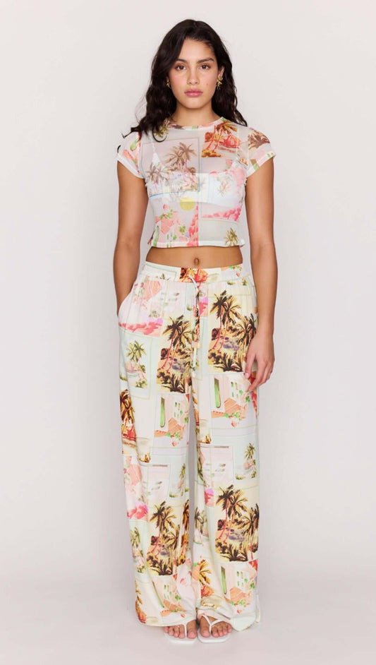 Model wearing Palm Print Cropped Mesh Tee with wide-leg pants featuring vintage postcard print.