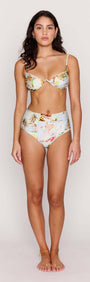 Palm Print High Waisted Bikini Bottoms with matching bra top for a stylish retro swim look.