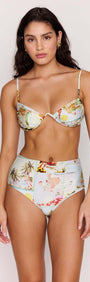 Model showcasing Palm Print High Waisted Bikini Bottoms paired with a matching Dolce Bra Top in a bright tropical design.