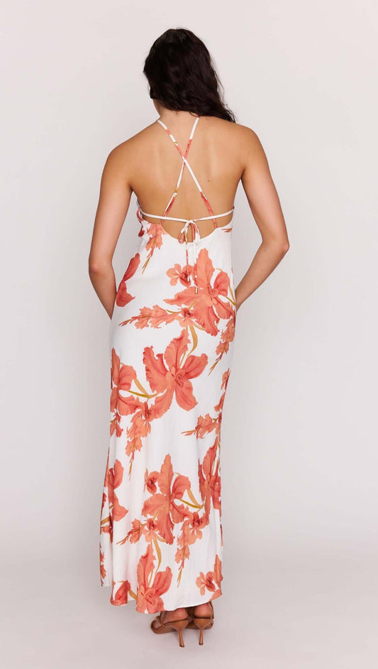 Back view of the Peach Hibiscus Halter Midi Dress showcasing the floral pattern and adjustable ties.