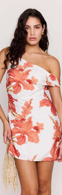 Peach Hibiscus Off Shoulder Mini Dress featuring vibrant floral print and stylish one-shoulder design, perfect for summer outings.