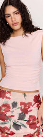 Pink Boat Neck Ruched Top worn by a model against a light background, showcasing the cowl back and ruched design.