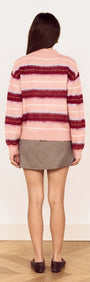 Back view of the Aspen Pink Brushed Stripe Crew Neck Sweater with pink and wine stripes.