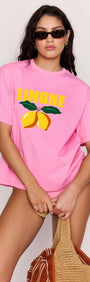 Pink Citrus Print Relaxed Oversized Cotton Tee with lemon graphic, perfect for summer styling and casual wear.