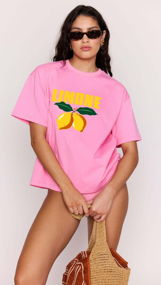 Pink Citrus Print Relaxed Oversized Cotton Tee with lemon graphic, perfect for summer styling and casual wear.