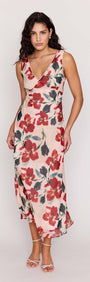 Pink Floral Bias Midi Dress featuring a soft floral print and deep V-neckline, perfect for summer events.