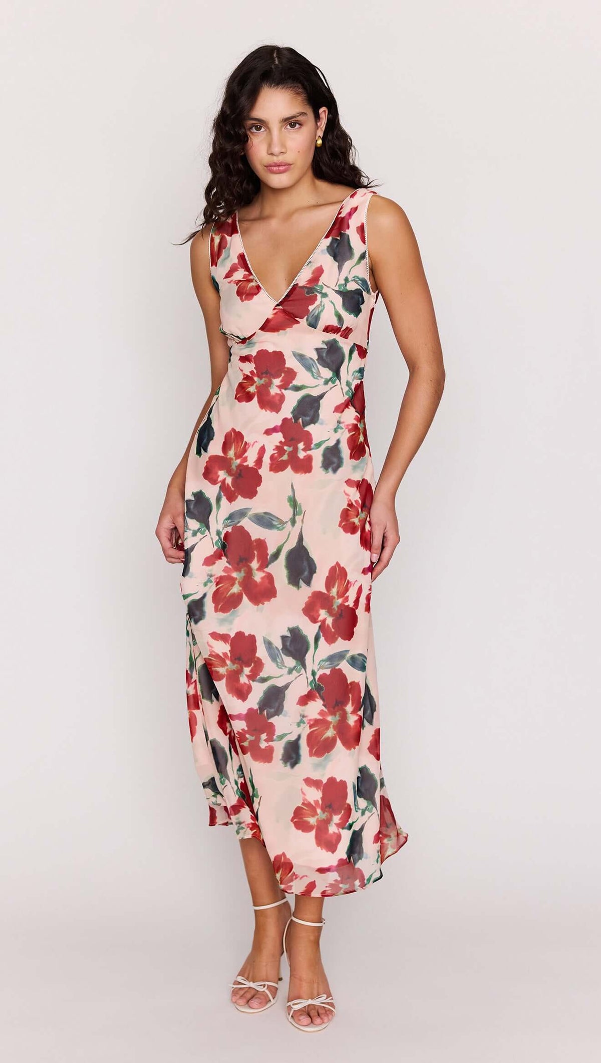 Pink Floral Bias Midi Dress featuring a soft floral print and deep V-neckline, perfect for summer events.