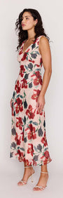 Pink Floral Bias Midi Dress featuring a deep V-neckline and floral print, perfect for summer events.