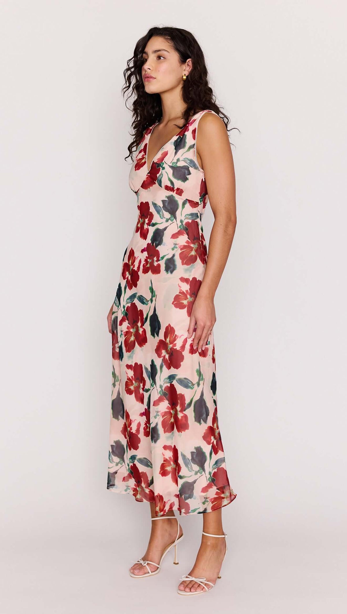 Pink Floral Bias Midi Dress featuring a deep V-neckline and floral print, perfect for summer events.