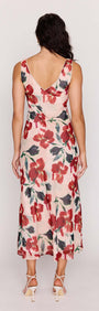 Back view of the Arabella Pink Floral Bias Midi Dress showcasing its floral print and deep V-neckline.