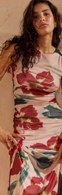 Arabella Pink Floral Mesh Midi Dress featuring a floral print in a sleeveless design, perfect for summer events.