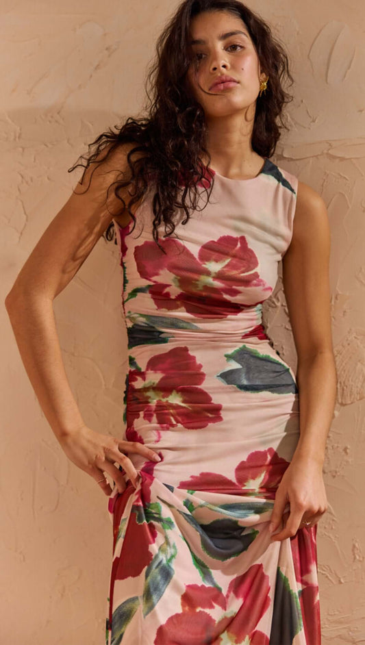 Arabella Pink Floral Mesh Midi Dress featuring a floral print in a sleeveless design, perfect for summer events.