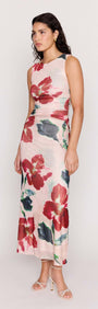 Pink Floral Mesh Midi Dress showcased on a model, featuring a soft floral print and sleek design.