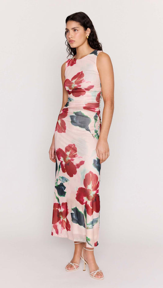 Pink Floral Mesh Midi Dress showcased on a model, featuring a soft floral print and sleek design.