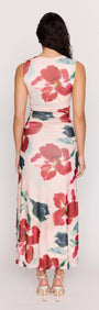 Back view of the Pink Floral Mesh Midi Dress featuring a floral print and sleek fit.