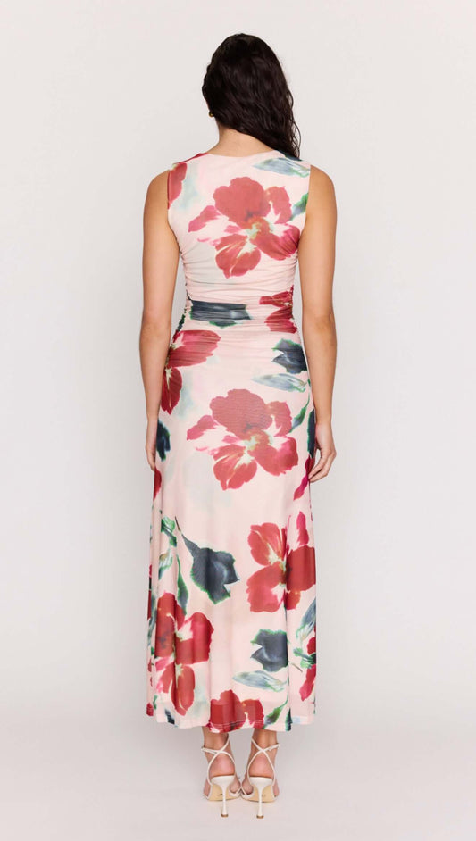 Back view of the Pink Floral Mesh Midi Dress featuring a floral print and sleek fit.