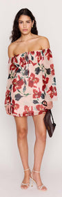 Model wearing a Pink Floral Off Shoulder Dress featuring a relaxed fit and floral print.