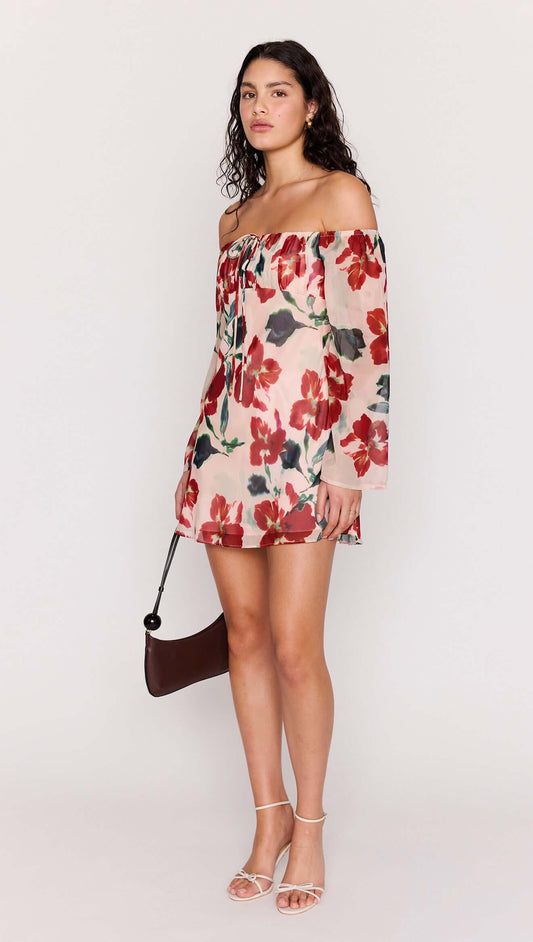 Model wearing a Pink Floral Off Shoulder Dress featuring a floral print and relaxed mini silhouette.