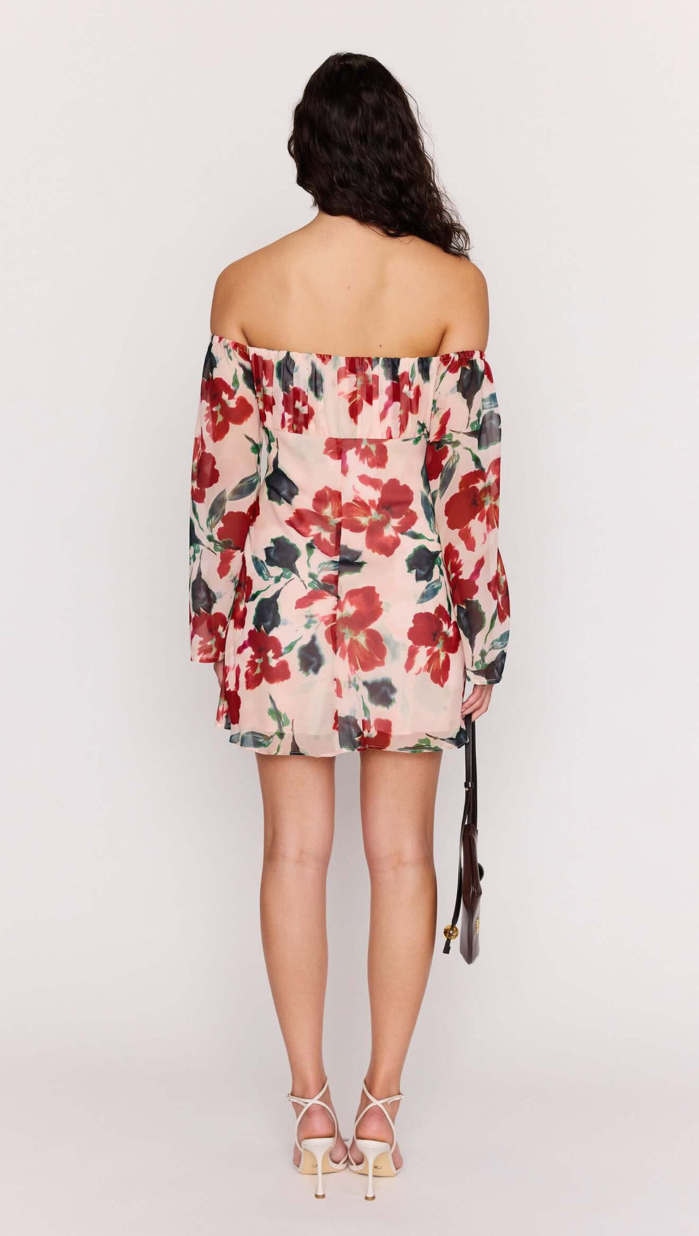 Back view of a woman wearing a Pink Floral Off Shoulder Dress with long sleeves and floral pattern.