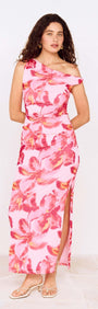 Pink Floral Off-Shoulder Mesh Midi Dress worn by a model, showcasing its vibrant floral design and elegant silhouette.